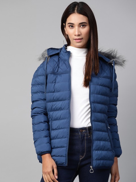 

Fort Collins Women Blue Solid Parka Jacket with Detachable Hood