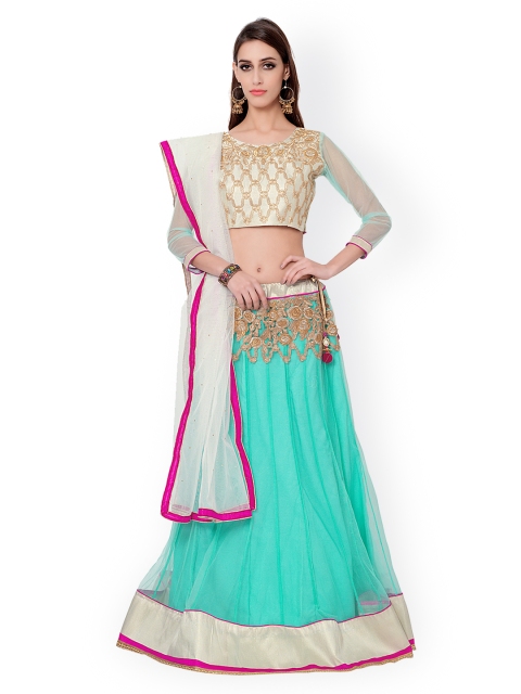 Bhelpuri Off-White & Turquoise Blue Embroidered Net & Silk Semi-Stitched Lehenga Choli with Dupatta available at myntra for Rs.2257