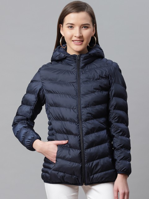 

Fort Collins Women Navy Blue Solid Lightweight Puffer Jacket with Detachable Hood