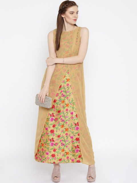 

Folklore Beige Floral Print Layered Maxi Dress