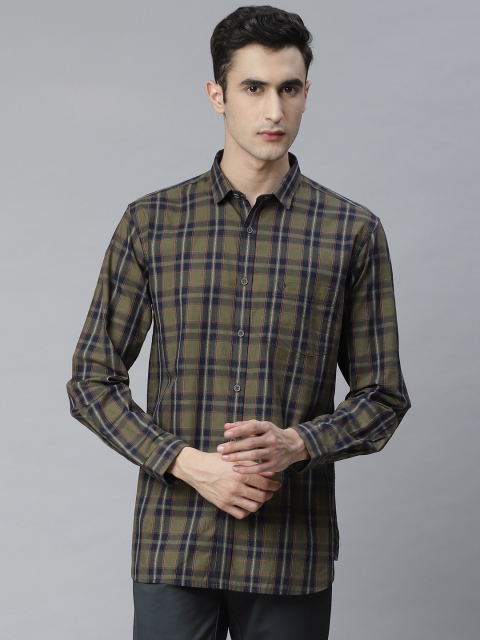 

Allen Solly Men Olive Green & Navy Blue Cotton Sport Fit Checked Casual Shirt