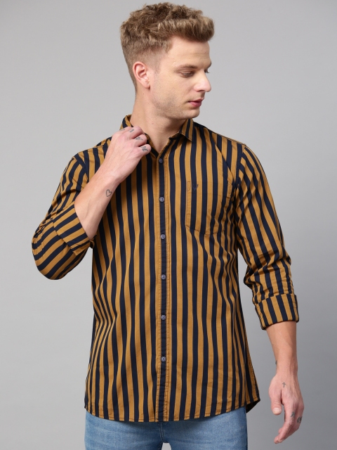 

Allen Solly Sport Men Navy Blue & Mustard Brown Slim Custom Fit Striped Casual Shirt