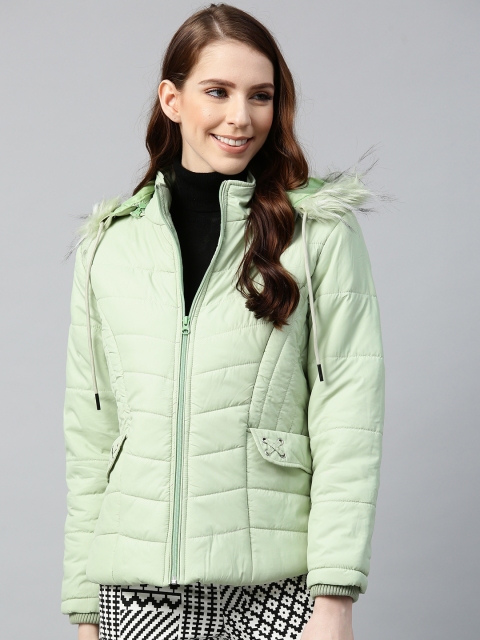 

Foreign Culture By Fort Collins Women Sea Green Solid Parka Jacket with Detachable Hood