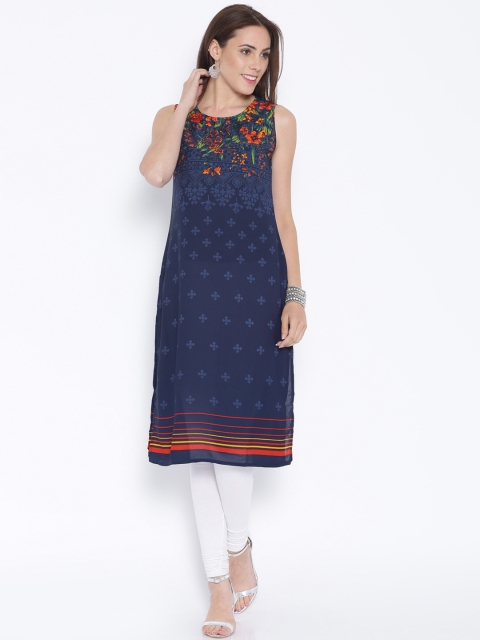 

Vishudh Navy Printed Polyester Kurta, Navy blue