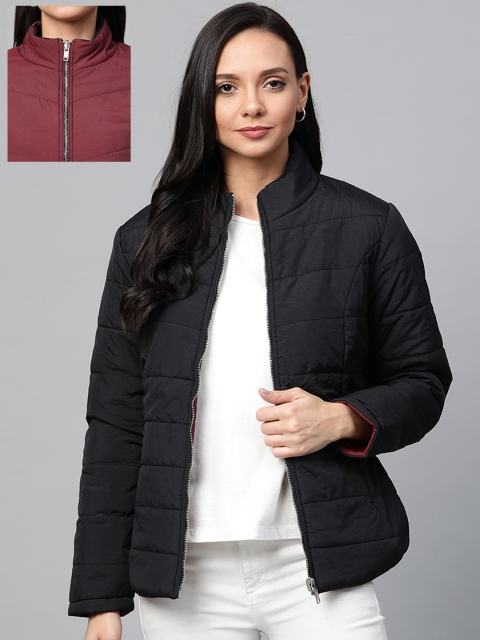 

Foreign Culture By Fort Collins Women Black & Maroon Solid Reversible Padded Jacket