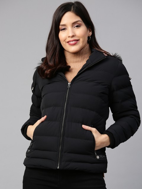 

Fort Collins Women Black Solid Hooded Parka Jacket with Faux Fur Trim