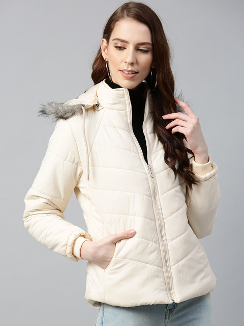 

Foreign Culture By Fort Collins Women Off-White Solid Parka Jacket with Detachable Hood