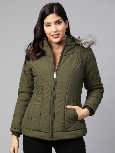 

Foreign Culture By Fort Collins Women Olive Green Solid Parka Jacket with Detachable Hood