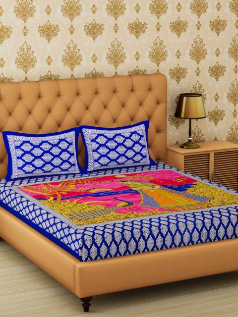 

METRO LIVING Blue & Yellow Graphic 104 TC Cotton 1 Queen Bedsheet with 2 Pillow Covers