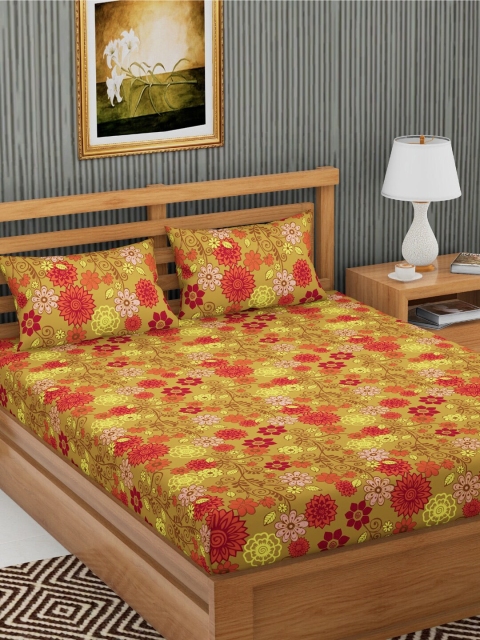 

METRO LIVING Olive Green & Red Floral 120 TC Cotton 1 Queen Bedsheet with 2 Pillow Covers