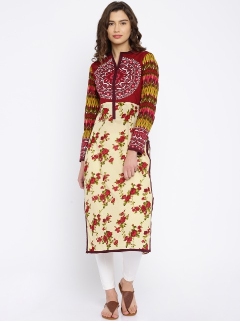 

Vishudh Cream-Coloured & Maroon Floral Print Kurta