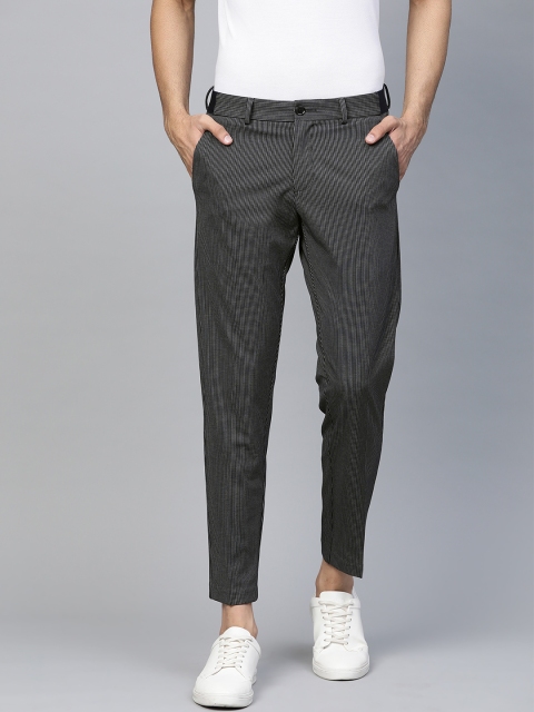 

Allen Solly Men Black & White Crop Fit Self-Striped Regular Trousers