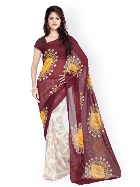 

Ligalz Maroon Georgette Floral Print Saree