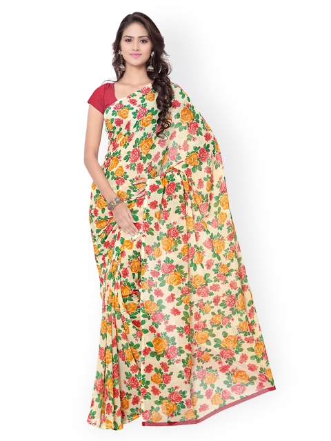 

Ligalz Cream-Coloured Georgette Floral Print Saree