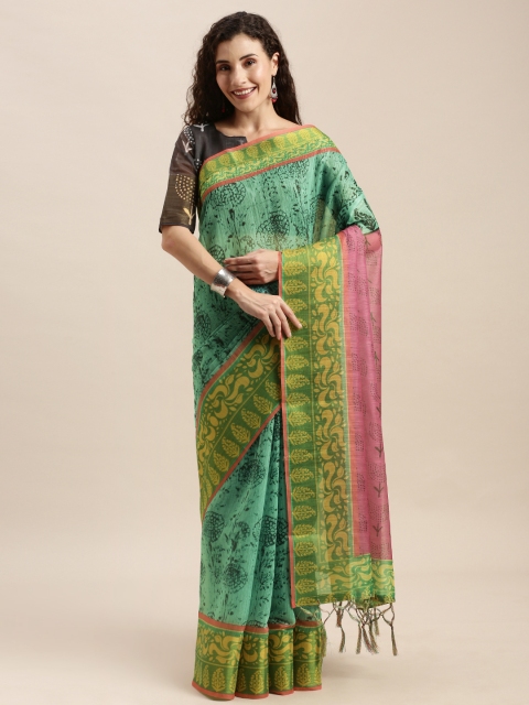 

Mitera Green & Pink Linen Blend Printed Ikat Saree