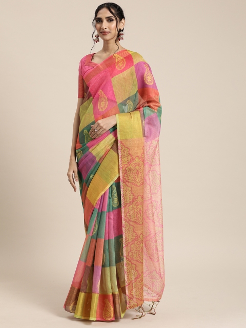 

Mitera Multicoloured Linen Blend Checked Ikat Saree, Multi