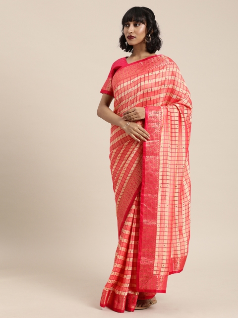 

Mitera Pink & Beige Silk Blend Checked Kanjeevaram Saree