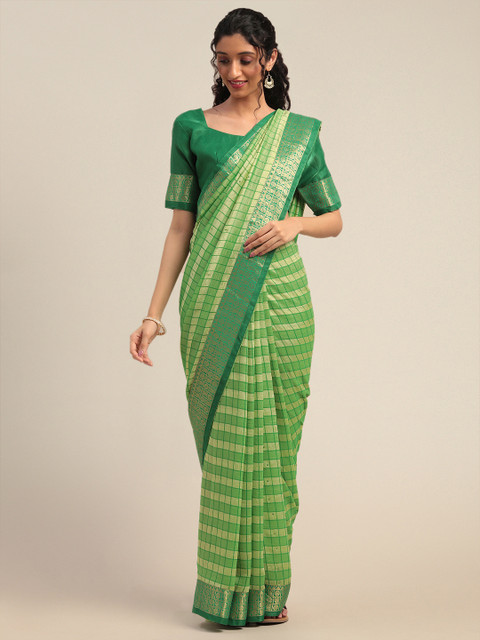 

Mitera Green & Golden Silk Blend Checked Kanjeevaram Saree