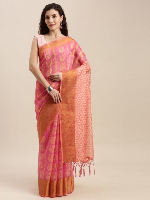 

Mitera Pink & Yellow Linen Blend Printed Pochampally Saree