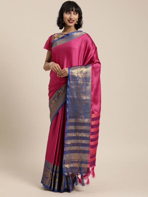 

Mitera Magenta Pink & Navy Blue Silk Blend Solid Kanjeevaram Saree