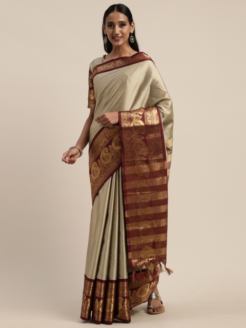 

Mitera Beige Silk Blend Solid Kanjeevaram Saree