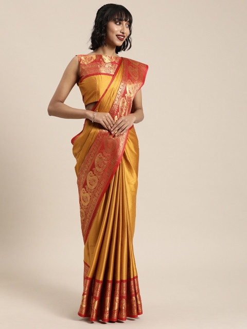 

Mitera Mustard Yellow & Red Silk Blend Solid Kanjeevaram Saree