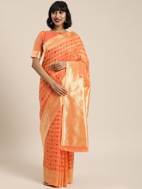 

Mitera Orange Silk Cotton Checked Kanjeevaram Saree