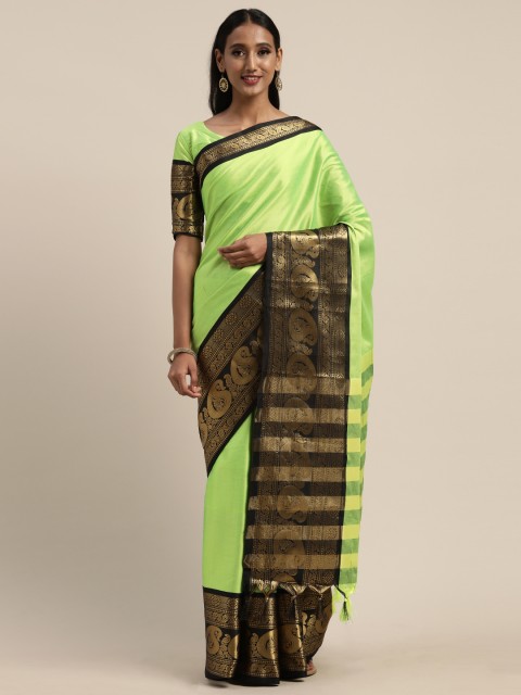 

Mitera Lime Green Silk Blend Solid Kanjeevaram Saree