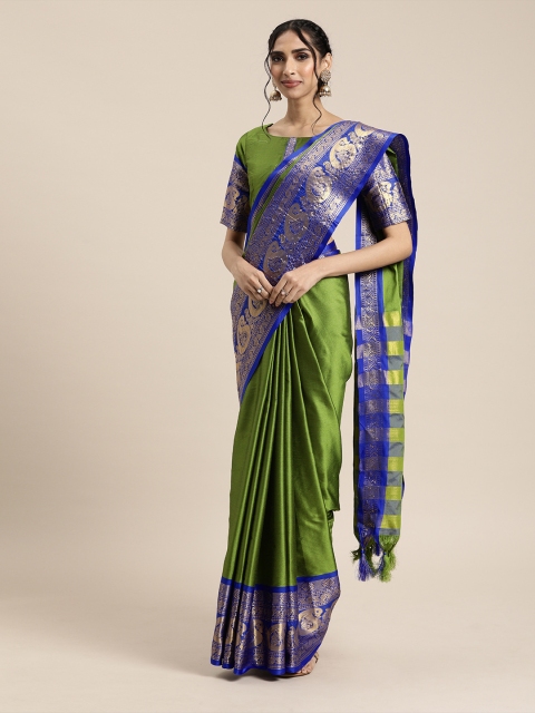 

Mitera Green Silk Blend Solid Kanjeevaram Saree