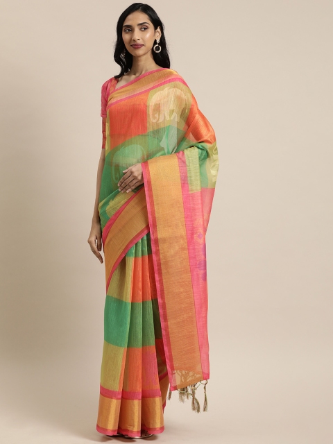 

Mitera Pink & Green Linen Blend Printed Pochampally Saree