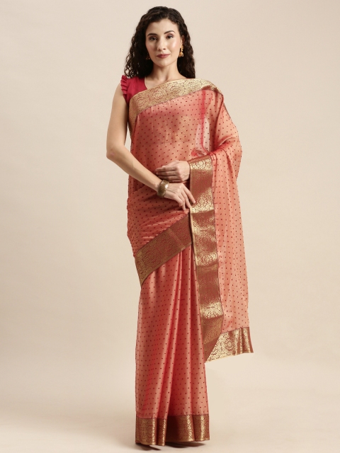 

Mitera Peach-Coloured & Gold-Toned Poly Chiffon Woven Design Mysore Silk Saree