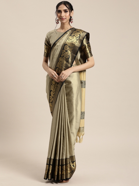 

Mitera Beige Silk Blend Solid Kanjeevaram Saree