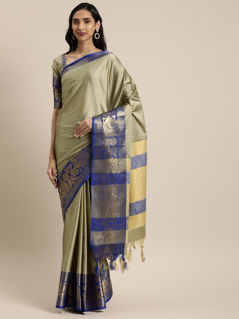 

Mitera Grey & Navy Blue Silk Blend Solid Kanjeevaram Saree