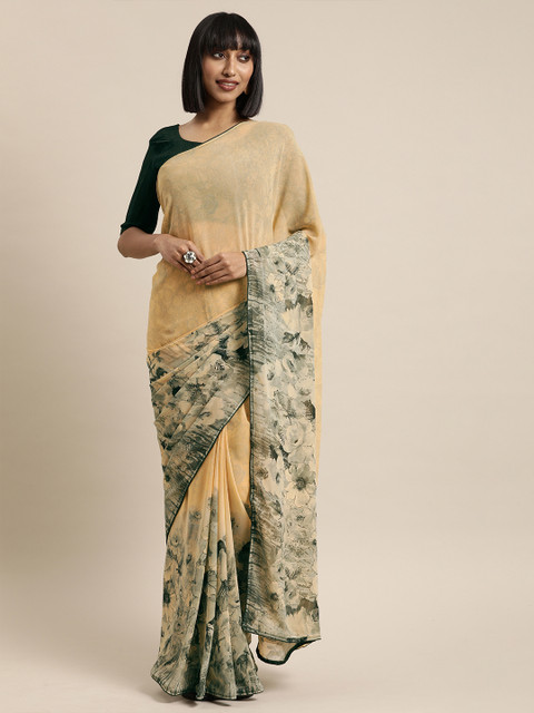 

Mitera Beige & Green Cotton Blend Printed Dharmavaram Saree