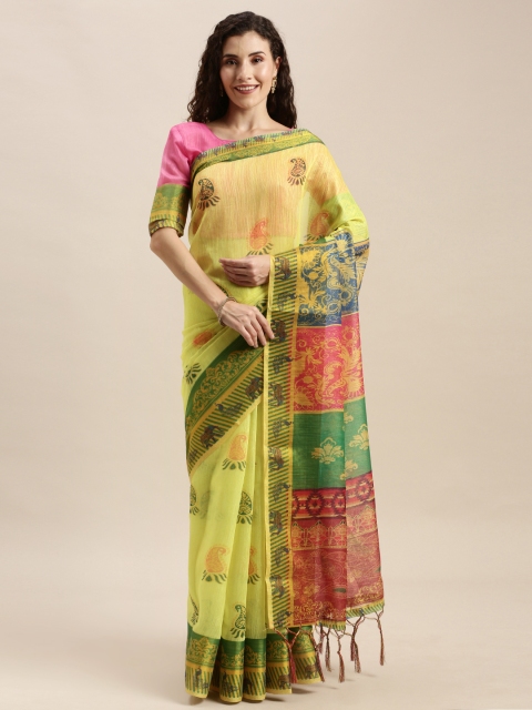 

Mitera Yellow & Green Linen Blend Printed Pochampally Saree