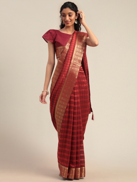 

Mitera Rust Red & Peach-Coloured Silk Blend Checked Kanjeevaram Saree