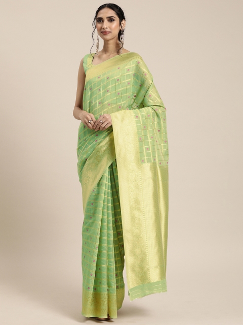 

Mitera Green & Golden Silk Cotton Checked Kanjeevaram Saree