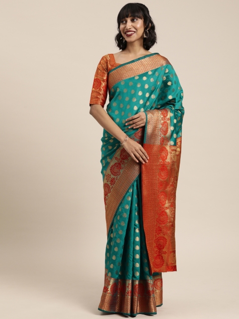 

Mitera Blue & Gold-Toned Silk Blend Woven Design Kanjeevaram Saree