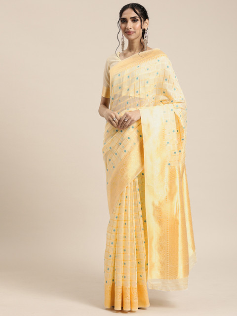 

Mitera Off-White & Gold-Toned Silk Cotton Woven Design Kanjeevaram Saree
