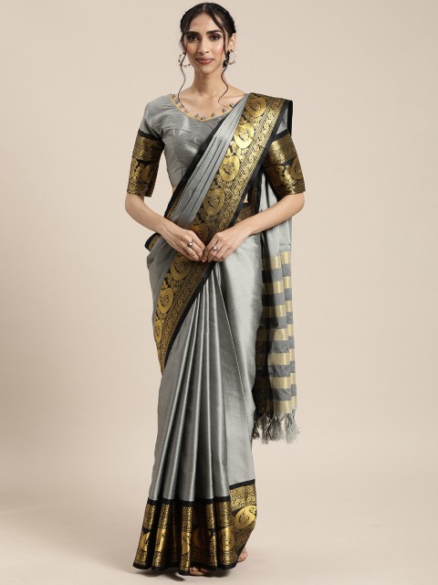 

Mitera Grey & Black Silk Blend Solid Kanjeevaram Saree