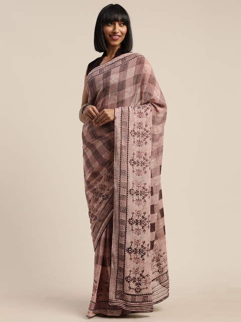 

Mitera Peach-Coloured & Black Cotton Blend Checked Dharmavaram Saree