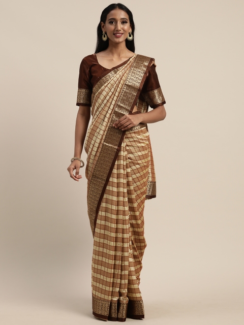 

Mitera Beige & Brown Silk Blend Checked Kanjeevaram Saree