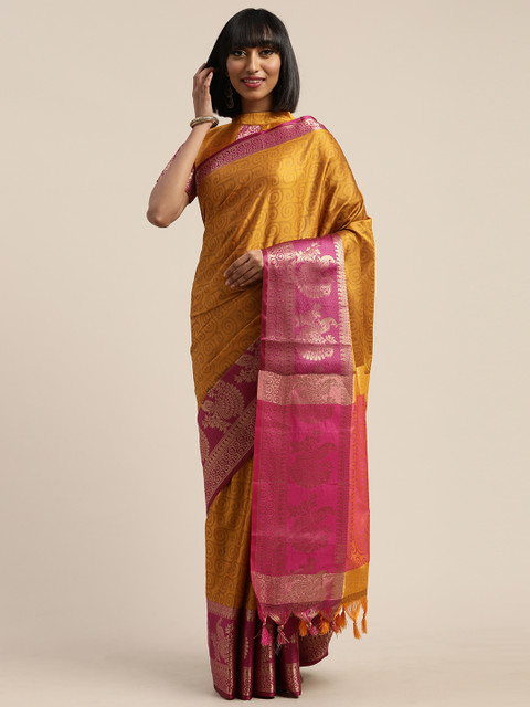 

Mitera Mustard Silk Blend Woven Design Kanjeevaram Saree