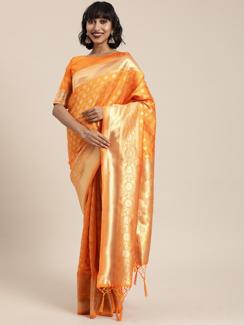 

Mitera Orange & Gold-Toned Silk Blend Woven Design Kanjeevaram Saree