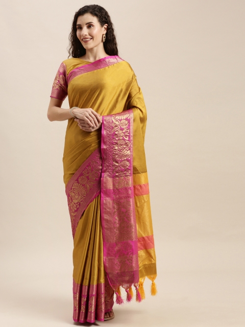 

Mitera Mustard Yellow & Pink Silk Blend Solid Kanjeevaram Saree