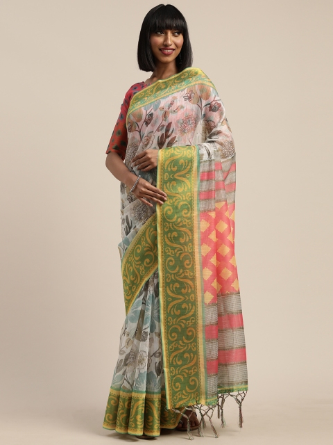 

Mitera White & Green Linen Blend Printed Pochampally Saree