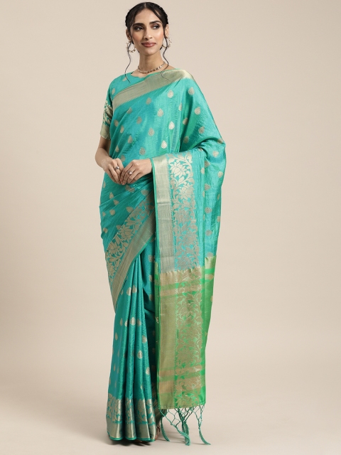 

Mitera Blue & Gold-Toned Silk Blend Woven Design Kanjeevaram Saree