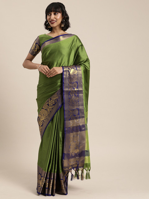 

Mitera Green & Gold-Toned Silk Blend Woven Design Kanjeevaram Saree