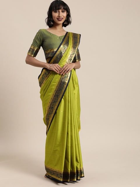 

Mitera Green & Gold-Toned Silk Cotton Woven Design Paithani Saree