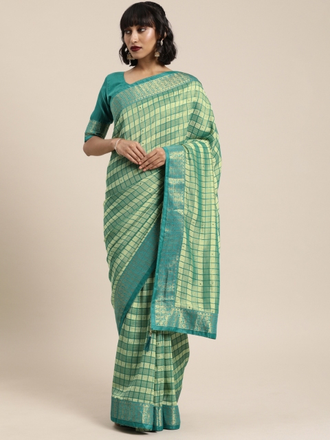 

Mitera Blue & Beige Silk Blend Woven Design Kanjeevaram Saree